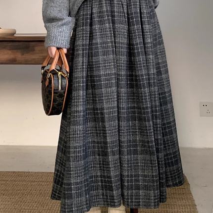 JOENG 羊毛毛呢学院风复古格子百褶松紧半身裙秋冬新款休闲a字裙