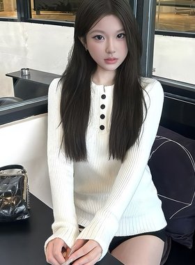 HEYABC 美式辣妹亨利领长袖针织衫女2025百搭休闲显瘦毛衣打底衫