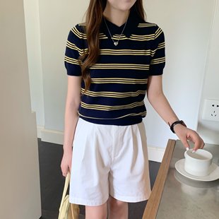 早安樊樊 天丝莱赛尔条纹针织短袖T恤高智减龄感POLO领上衣女春季