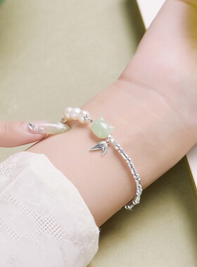 新中式天然淡水珍珠和田玉喵咪竹节手串女S925纯银手链小众高级感