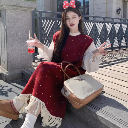 法式波点流苏红色连衣裙女秋季大码胖MM显瘦宽松遮肚针织背心裙子