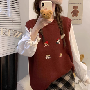 法式 胖MM显瘦宽松遮肚毛衣 甜美风刺绣叠穿针织马甲外套女秋季 大码