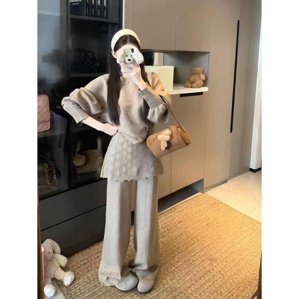 休闲套装时尚气质长袖毛衣针织衫上衣女冬季高腰阔腿拖地裤两件套,女装/女士精品,时尚套装,淘宝优惠券,粉丝福利购,淘宝优惠卷