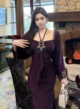 纯欲风蕾丝挂脖吊带连衣裙女夏季收腰气质长裙子防晒开衫两件套装