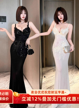 收腰显瘦夜店女神性感连衣裙夜场高级夜总会白色深V显胸长款礼服