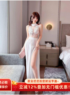 性感高透网纱裙拼接长礼服手工缝花露胸连衣裙夜场佳丽走秀表演服