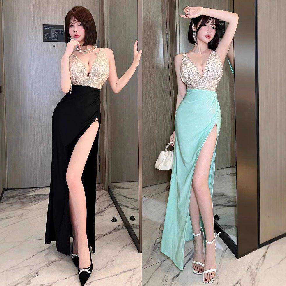 性感吊带连衣裙约会夜场KTV佳丽长裙亮片深V漏胸开叉气质礼服露背