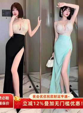25年新款性感吊带连衣裙夜场KTV佳丽长裙亮片深V漏胸开叉气质礼服