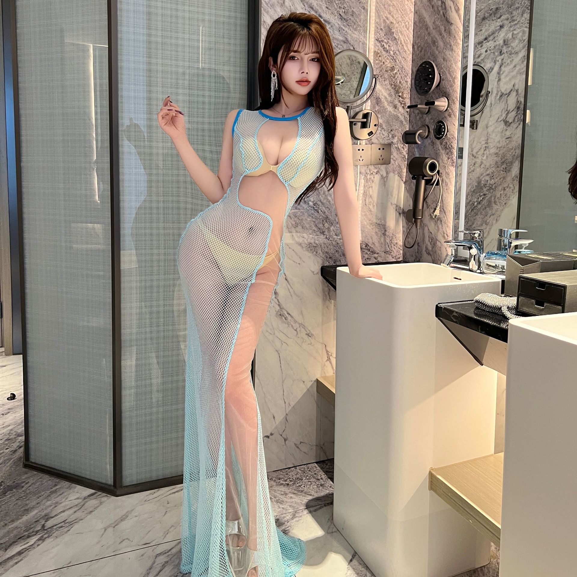 性感诱惑佳丽工作服夜场网纱透视低胸全透KTV技师桑拿礼服连衣裙