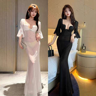 遮肉喇叭袖晚礼服夜场性感U杯显瘦鱼尾裙连衣裙低胸ktv选秀工服