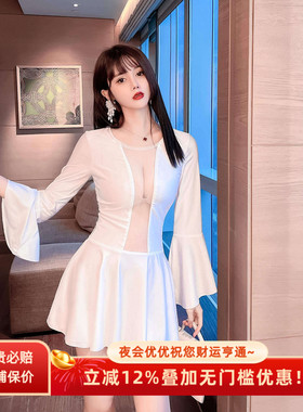 夜店女装白色减龄性感网纱拼接露胸连衣裙蹦迪女装桑拿技师工作服