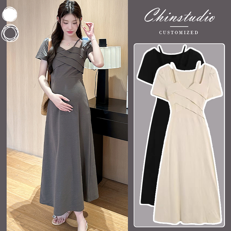 Maternity summer dress 2025 new fashion mothers wear pure cotton high-quality slim French summer skirt during pregnancy