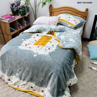 出口日本 品牌订单 AB版法兰绒印花床上用品 枕套被套 新品断码