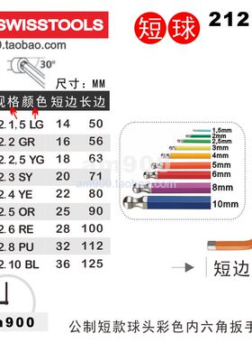 瑞士PB内六角扳手212.RB进口彩色短球头PB SWISS TOOLS维修工具