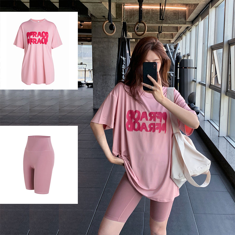 夏季新款速干瑜伽服T恤女运动显瘦中长款大码胖MM跑步短袖套装