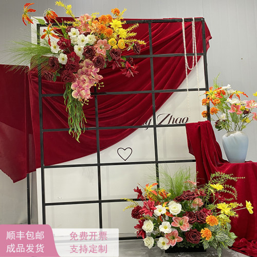 红色花艺婚礼新中式订婚宴喜庆婚房布置kt板背景仿真假花周岁布置