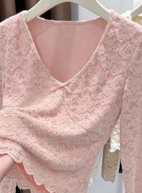 粉色蝴蝶结V领长袖T恤秋冬新款韩系穿搭蕾丝提花显瘦内搭上衣