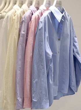 纯棉衬衫女Polo领单排扣宽松外套上衣休闲长袖减龄百搭粉色衬衣女