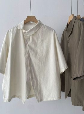 夏季薄款百搭短袖女衬衣休闲日系简约气质衬衫设计感斜襟宽松上衣