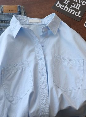 软奶蓝宽松休闲洋气衬衫女春秋装日系温柔风叠穿搭男友风纯棉上衣