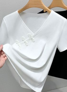 大码女装胖mm新中式盘扣上衣中国风夏季新款短袖宽松V领T恤