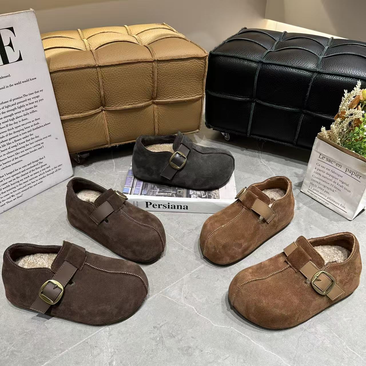 巴宝秀卡皮巴拉加绒勃肯鞋女2025冬季新款内增高魔术贴厚底乐福鞋