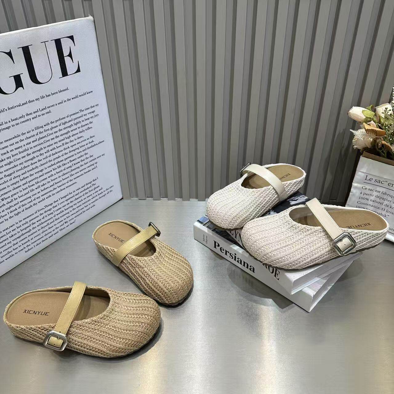 欧货一字带包头半拖鞋女2026年新款夏季百搭一脚蹬勃肯渔网凉拖鞋