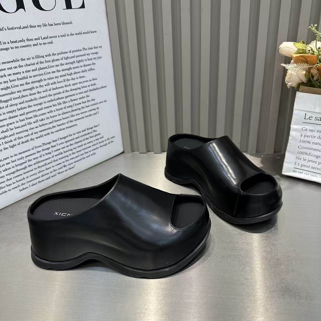 欧货复古风露趾厚底一字拖女2026新款小个子一脚蹬外穿沙滩凉拖鞋