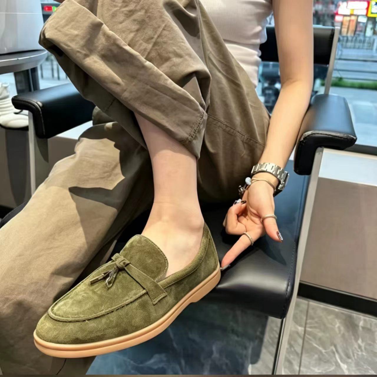 2026夏季新款老钱风流苏乐福鞋女欧货增高复古磨砂休闲一脚豆豆鞋