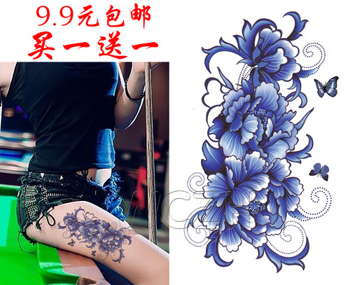 青花瓷牡丹花纹身贴纸防水遮疤痕