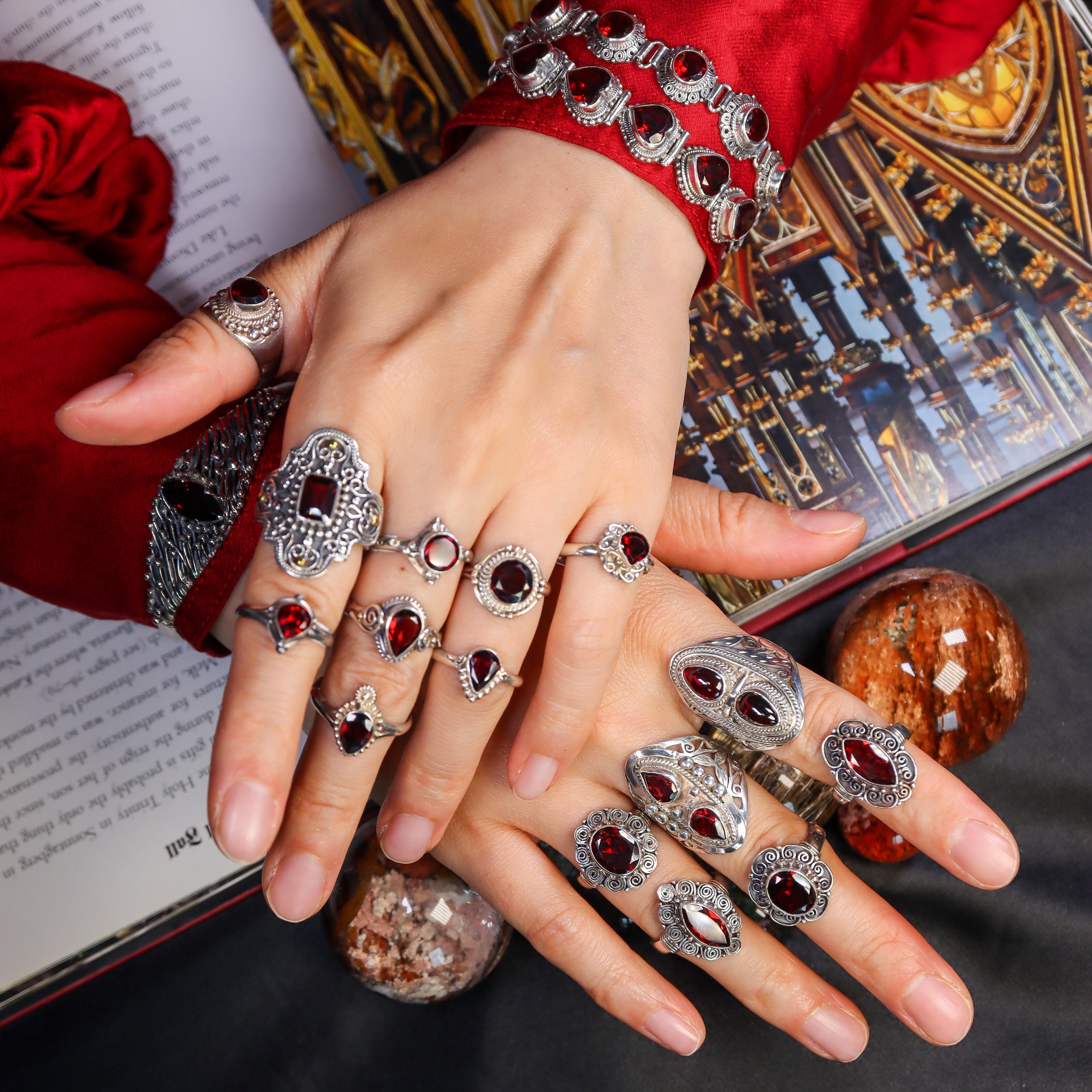 法式复古宫廷纯银石榴石手工戒指