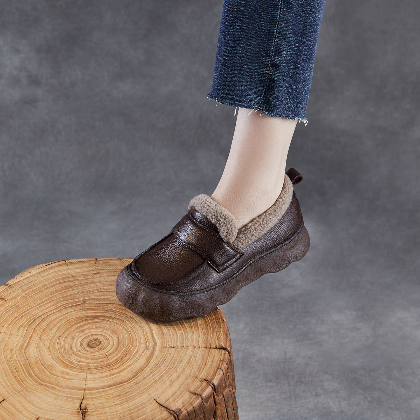 秋冬真皮羊羔绒厚底女乐福鞋