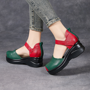 复古头层牛皮拼色包头凉鞋女厚底坡跟中空单鞋民族风镂空妈妈鞋