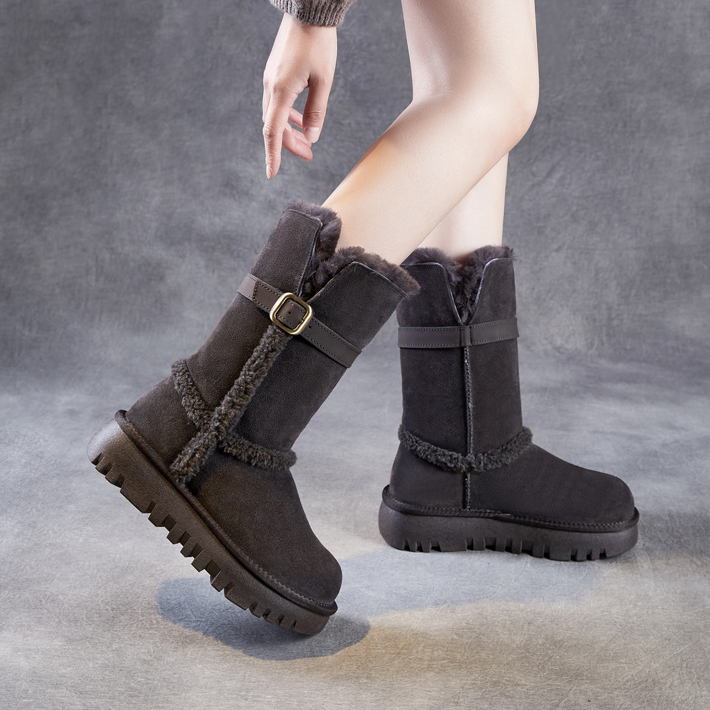 皮毛一体厚底女靴子2025新款冬季