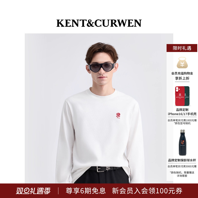 KENT&CURWEN/肯迪文2025秋冬新品男女款玫瑰刺绣圆领纯棉长袖T恤