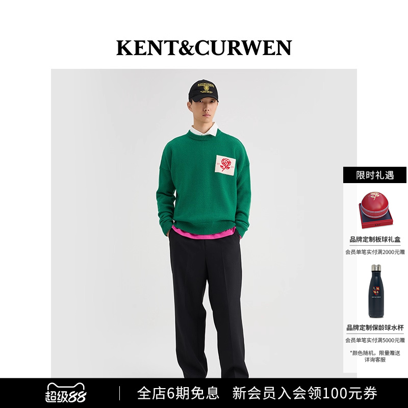 KENT&CURWEN玫瑰刺绣纯羊毛圆领针织毛衣