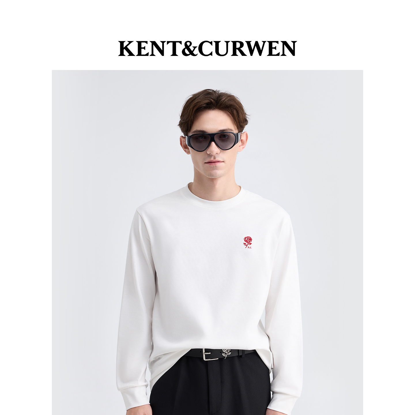 KENT&CURWEN/肯迪文2025秋冬新品男女款玫瑰刺绣圆领纯棉长袖T恤
