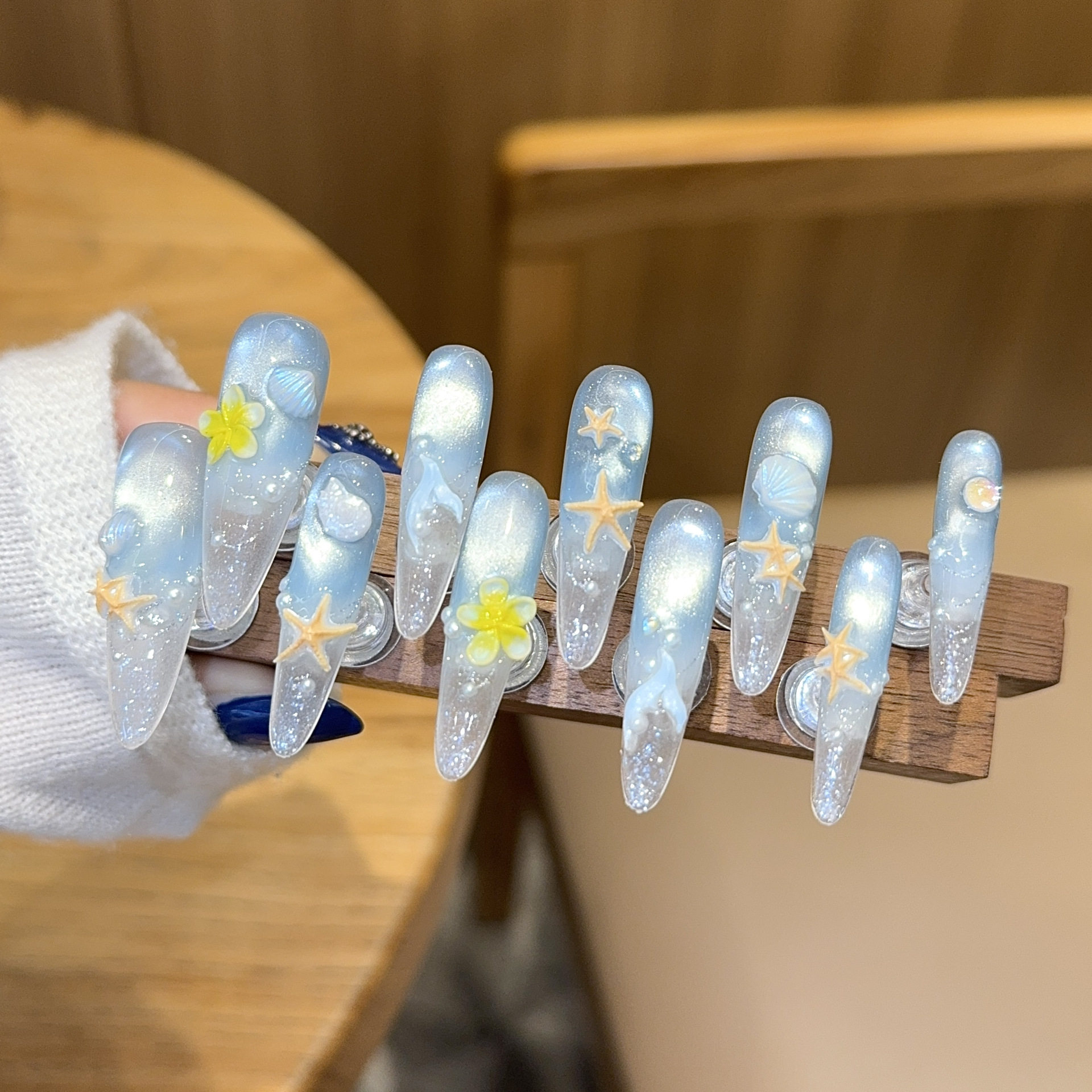 千繁【海屿星贝】夏日度假风冰透猫眼纯手工穿戴甲美甲贴片假指甲