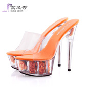 夏韩版 女细跟厚底防滑 防水台凉拖鞋 花朵透明水晶婚鞋 15cm超高跟鞋