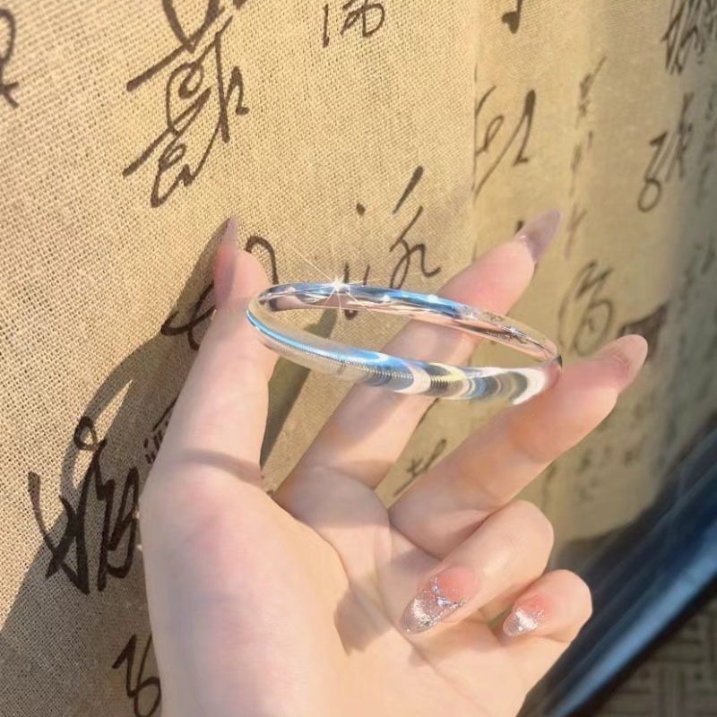 银色猫眼手镯爆闪年轻款波浪纹小众设计实心素圈手环送女朋友礼物