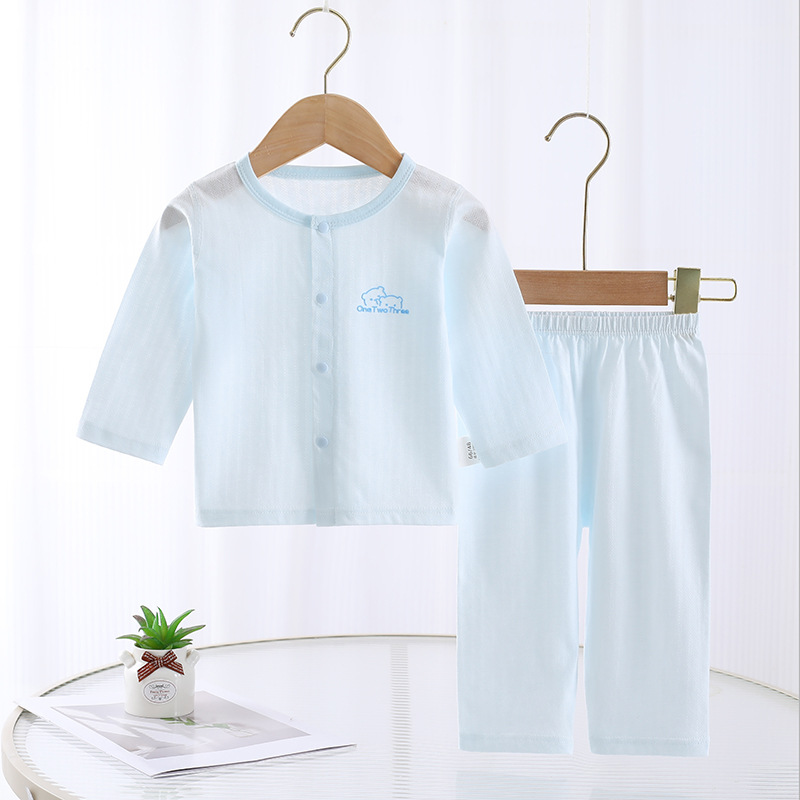 夏季薄款新生婴儿睡衣套装纯棉无骨衣服男女宝宝长袖家居服空调服