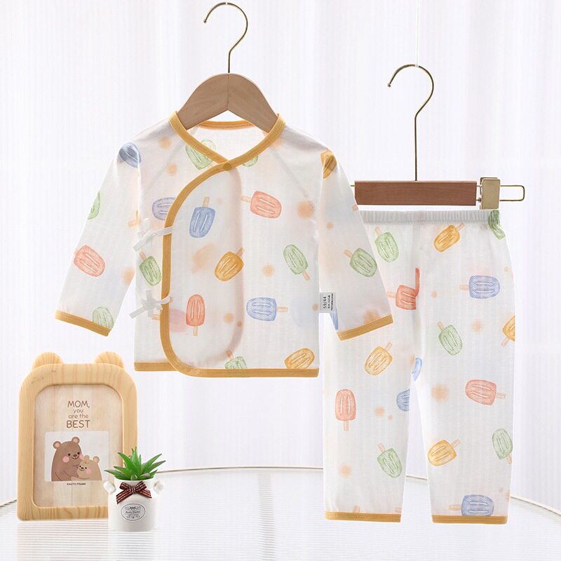 夏季薄款婴儿衣服新生儿0-6月2纯棉无骨家居服长袖空调服分体套装