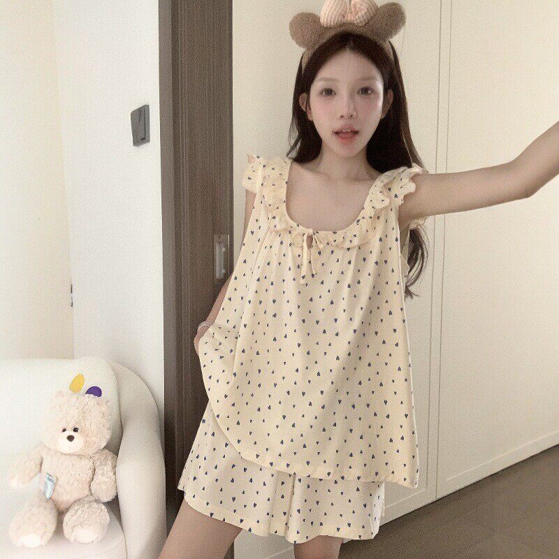 夏季女无袖背心短裤奶黄爱心睡衣