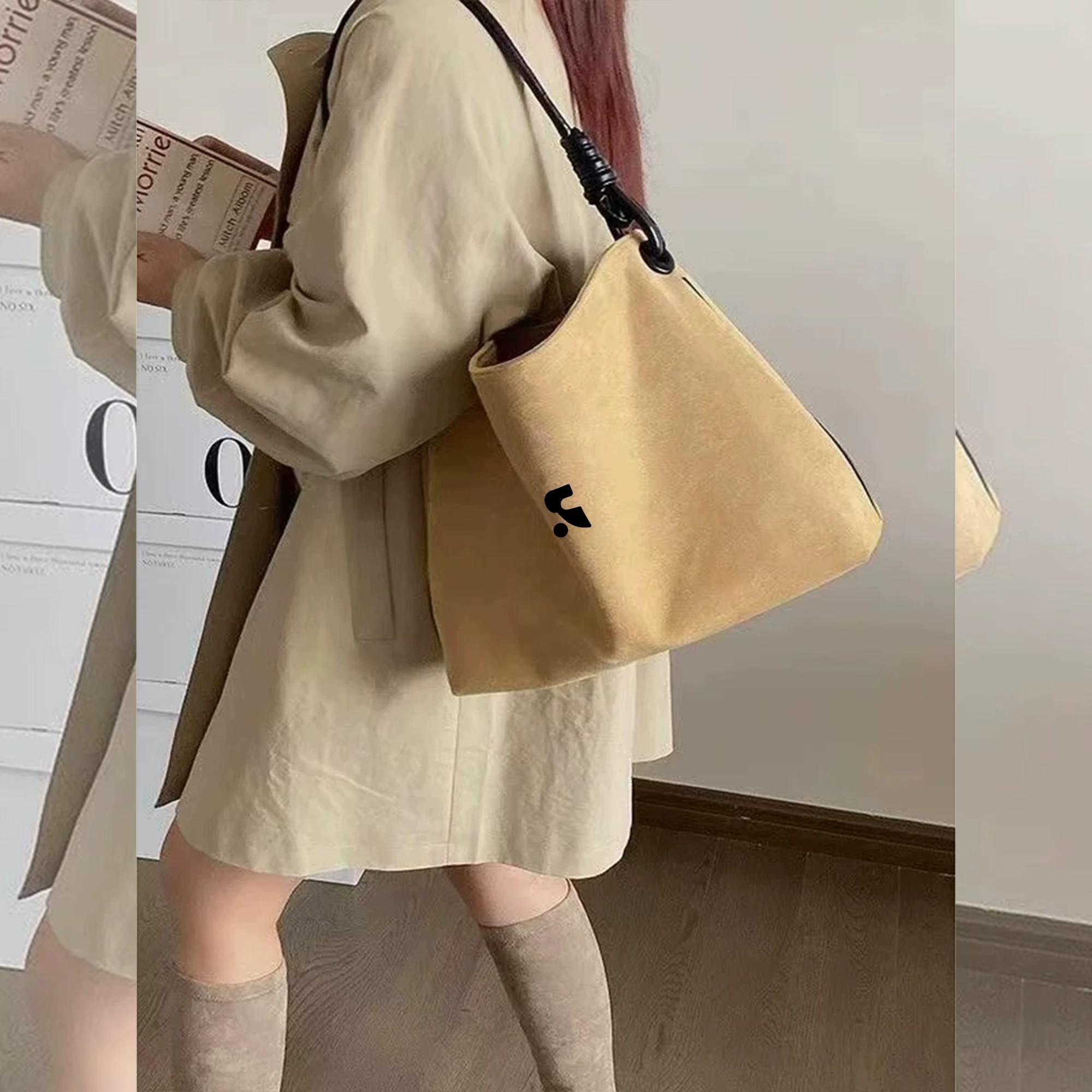 RR奢享复古绒面撞色水桶包
