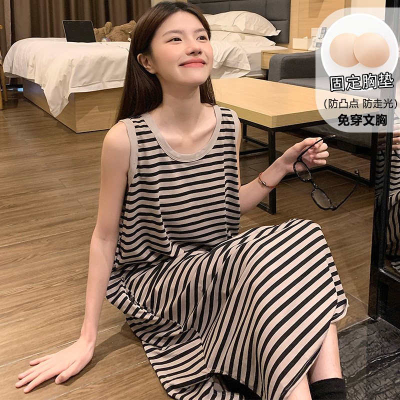 A.DHepburn条纹无袖大码睡裙