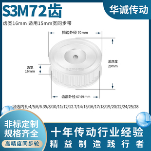 同步带轮S3M72齿A齿宽16内孔81012141517192025S3M主动齿轮同步轮