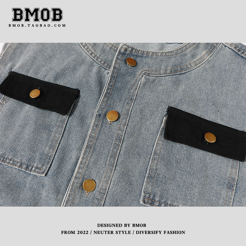 BMOB 대비 색상 디자인 레트로 데님 조끼 남성 트렌디 브랜드 INS 하이 엔드 양복 조끼 조끼 민소매 자켓