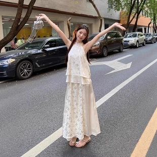 新中式 国风旗袍清冷感禅意穿搭一整套挂脖上衣半身裙子套装 女夏季