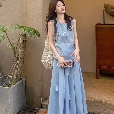 蝴蝶结蓝色无袖套装裙女夏装