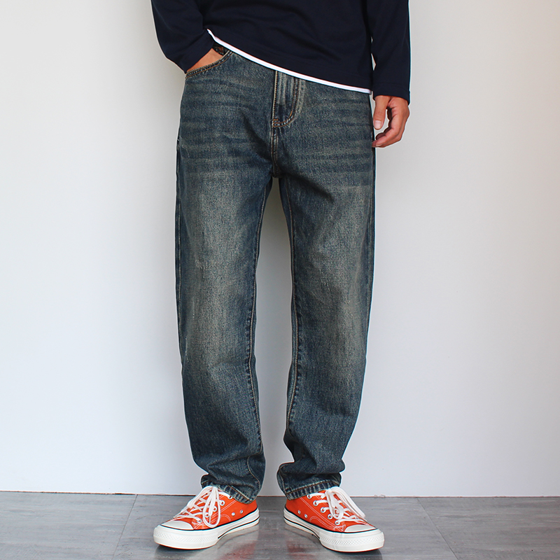 秋季直筒牛仔裤男刮烂做旧潮流宽松大码裤子美式复古休闲牛仔长裤